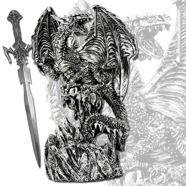 Silver Skull Dragon Standing on Mountain - 9" Polyresin Statue with Letter Open - TOPHATTER'S ARMORY DEALS