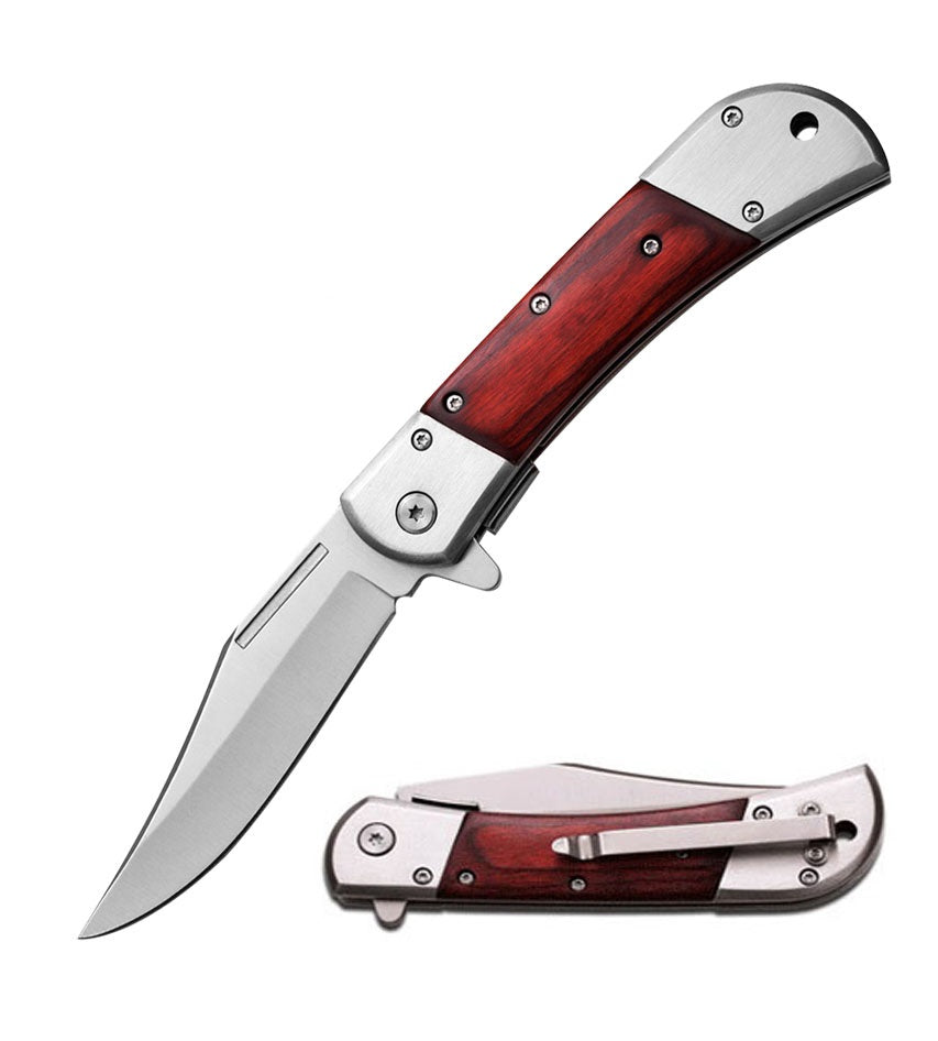 4.75 Inches Closed Spring Assisted Knife With Wood Overlay Handle - TOPHATTER'S ARMORY DEALS