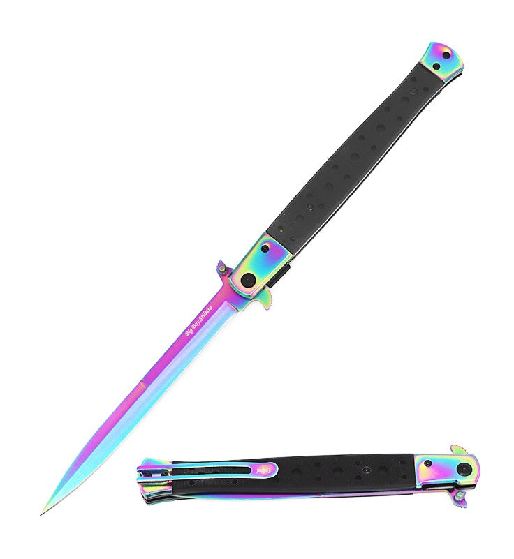 13" Classic Extra Large Rainbow Spring Assisted Open STILETTO Pocket Knife - TOPHATTER'S ARMORY DEALS