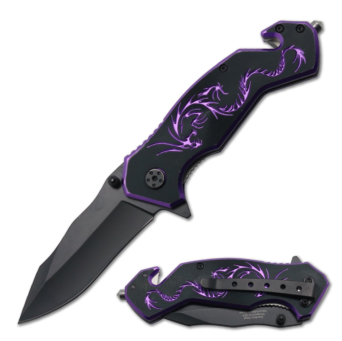 7.75" Tactical Fantasy Purple Dragon Spring Assisted Open Rescue Folding Pocket Knife