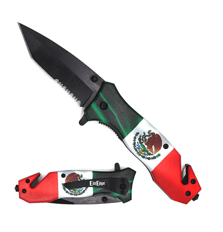 Mexican Flag Spring Assisted Serrated Tanto Blade Folding Knife - TOPHATTER'S ARMORY DEALS