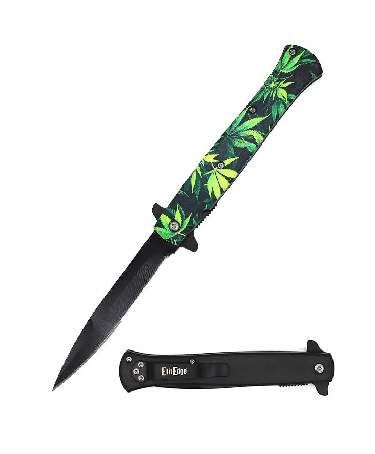 9" Marijuana Leaf Stiletto Style Spring Assist Opening Pocket Knife - TOPHATTER'S ARMORY DEALS