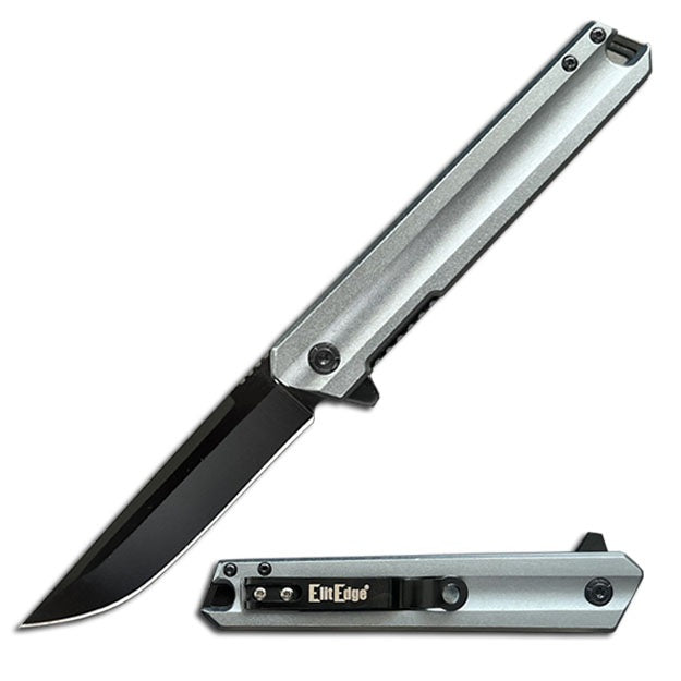 Gray Aluminum Handle Spring Assist Open Folding Pocket Knife Everyday Carry