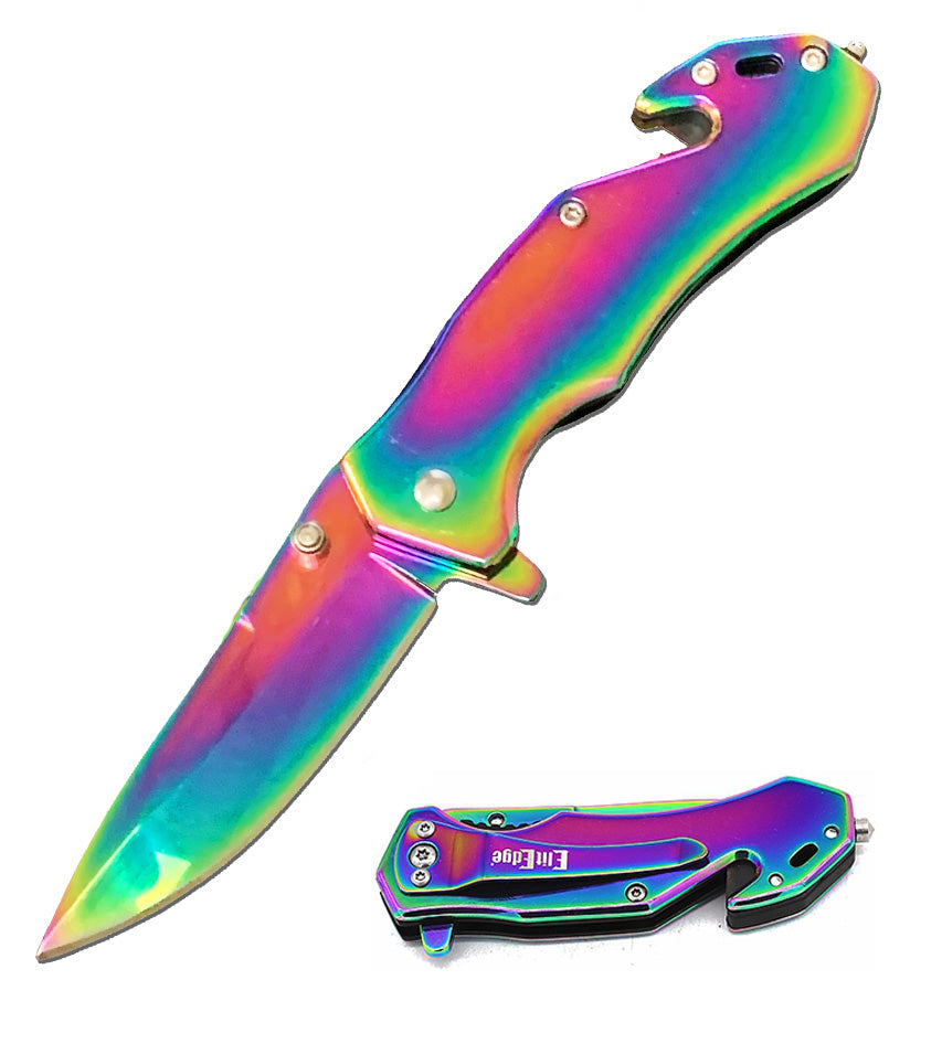 4" Closed Rainbow Tactical Rescue EDC Spring Assisted Folding Pocket Knife - TOPHATTER'S ARMORY DEALS