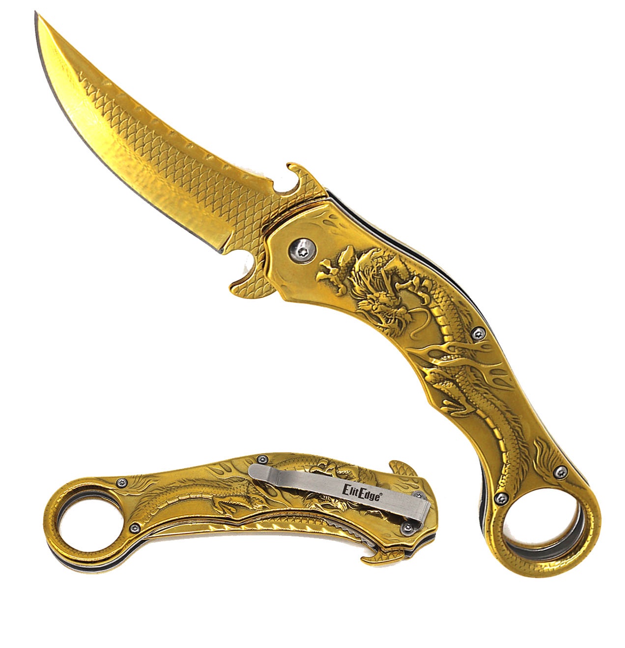 Golden Dragon Sculpture 8.25 Karambit Tactical Spring Assisted Folding Pocket Knife