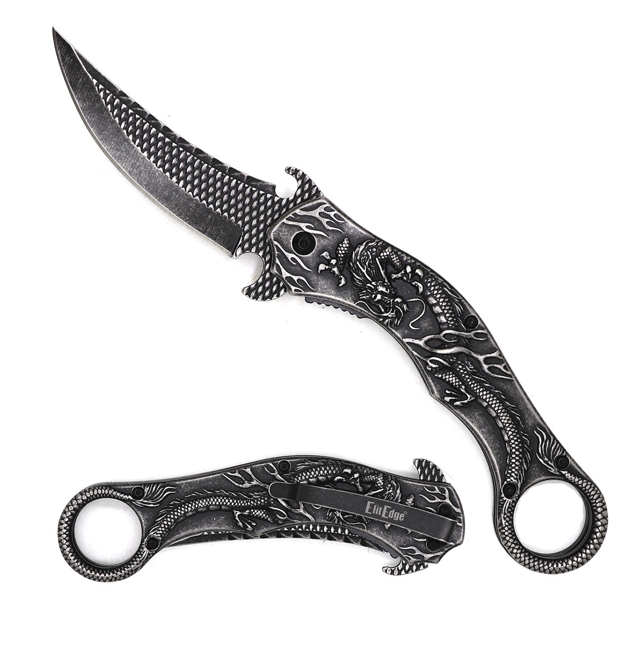 Stone Wash Dragon Sculpture 8.25 Karambit Tactical Spring Assisted Folding Pocket Knife