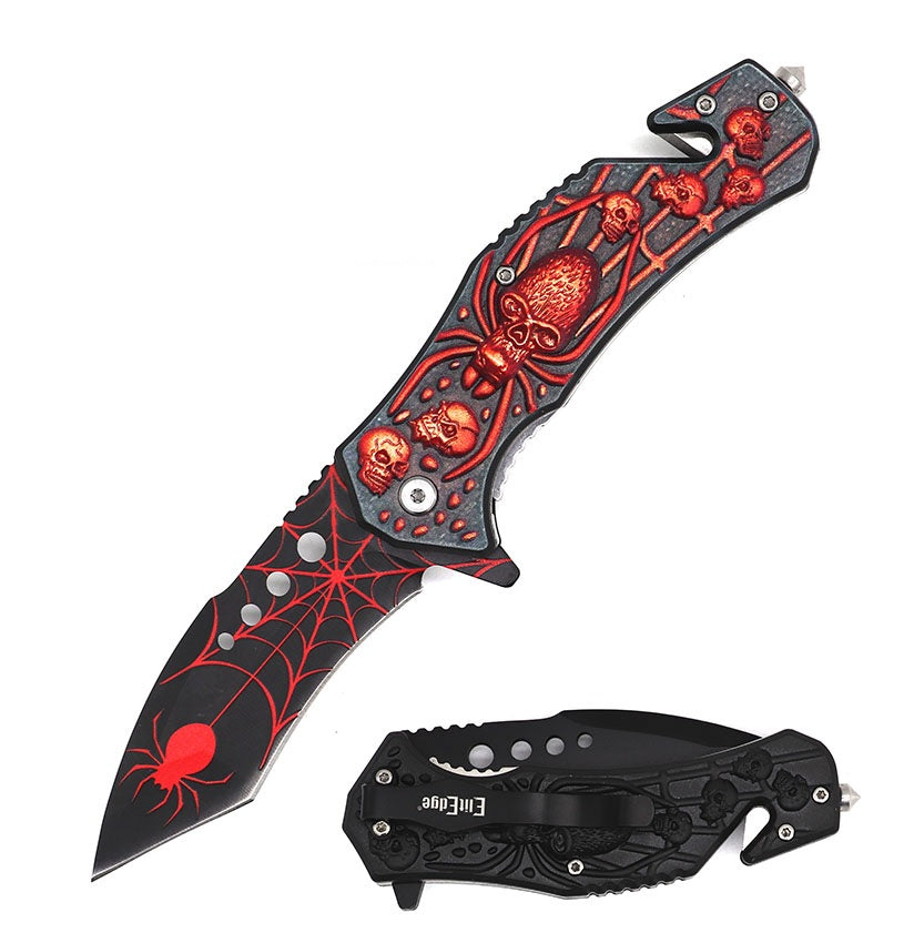 8.5" Red Spider Skull Spring Assisted Pocket Knife Military Tactical