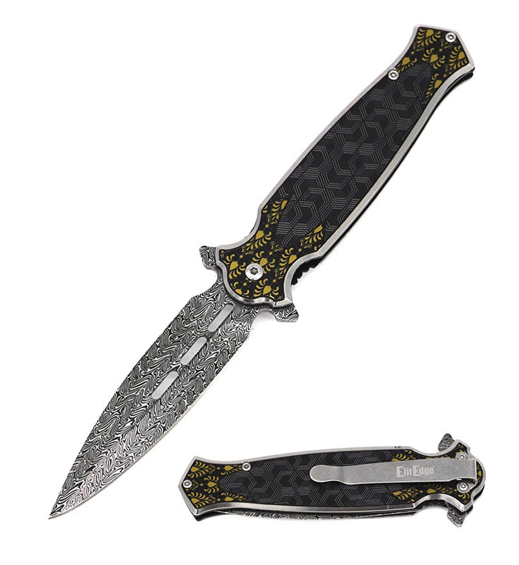 8.25" Damascus Etch Style Black Dirk Dagger Spring Assist Pocket Knife - TOPHATTER'S ARMORY DEALS