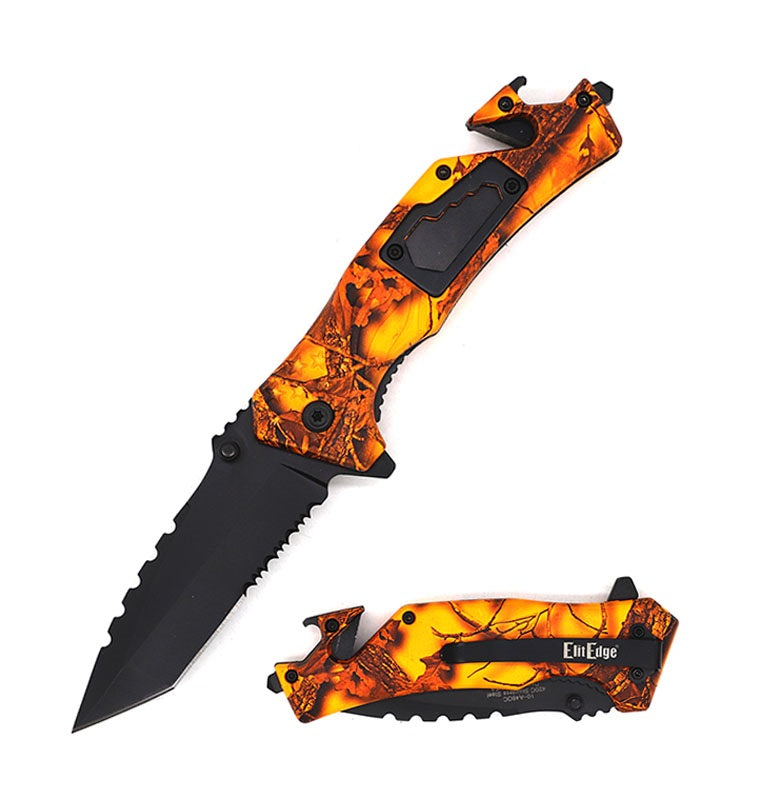 8" Military Tactical Spring Assisted Rescue Multi Tool Pocket Orange Camo Knife - TOPHATTER'S ARMORY DEALS
