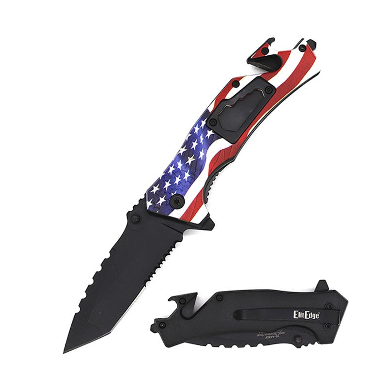 8" Military Tactical Spring Assisted Rescue Multi Tool Pocket USA Flag Knife - TOPHATTER'S ARMORY DEALS