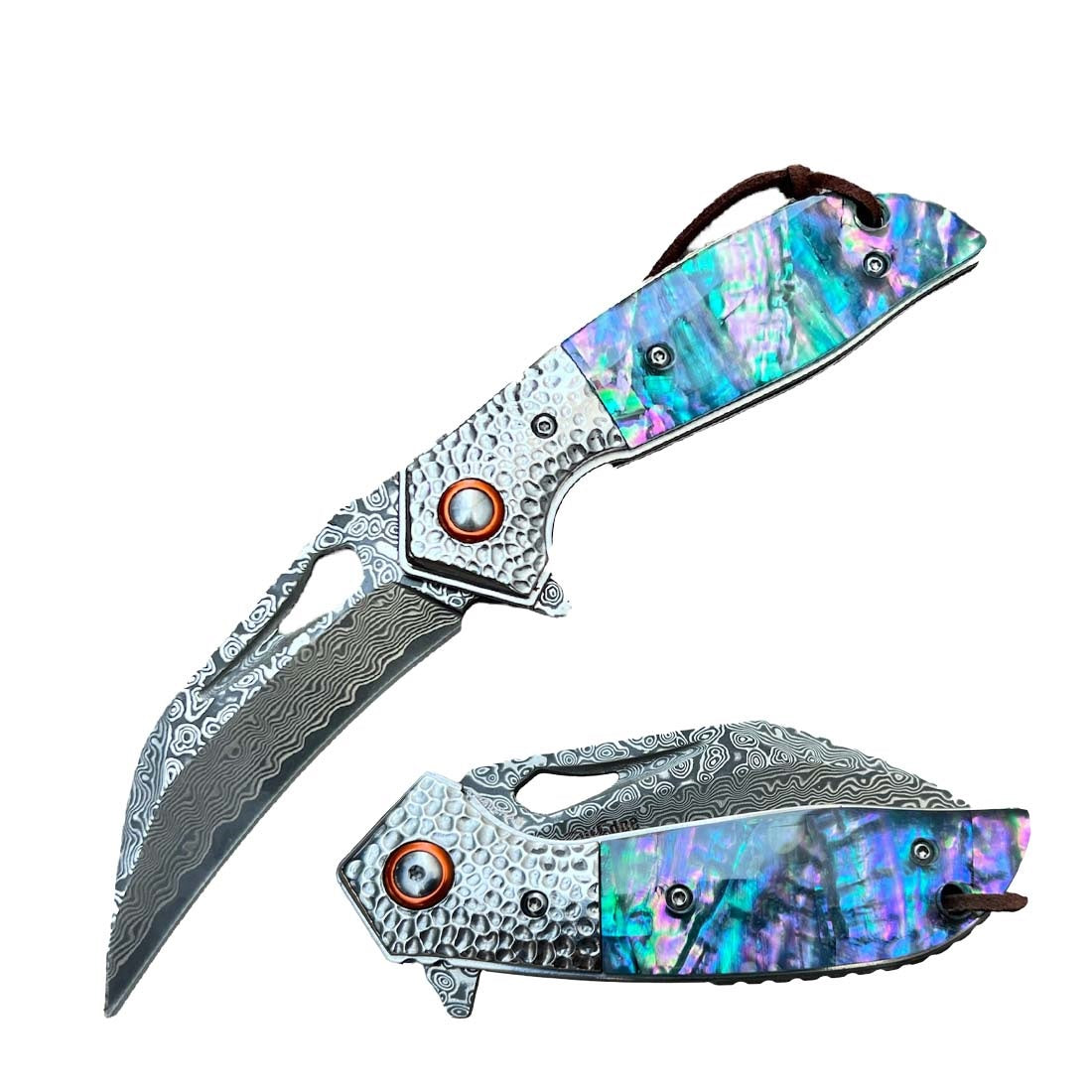 Ball Bearing Damascus Hawk Blade Pocket Knife with Abalone Handle - TOPHATTER'S ARMORY DEALS