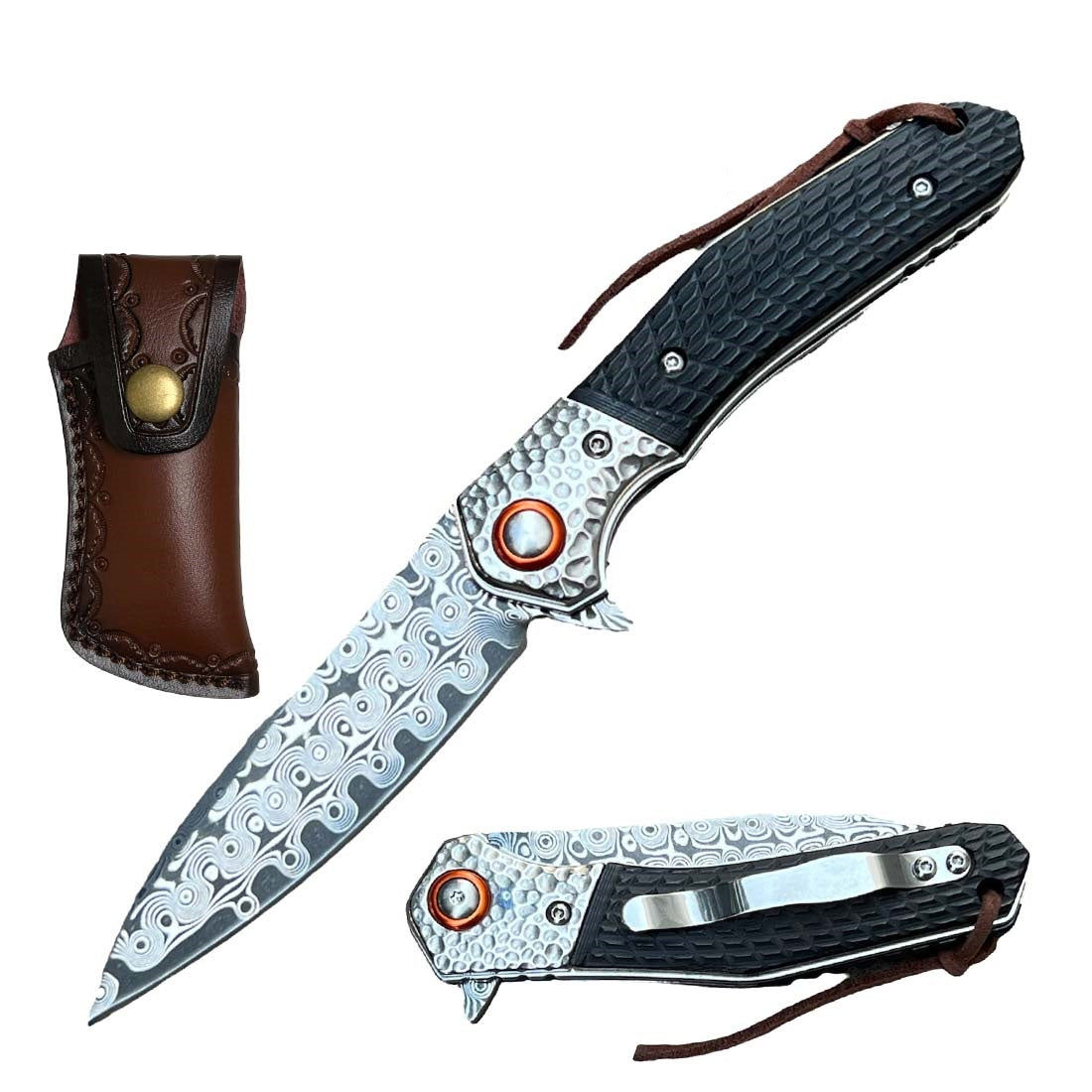 Ball Bearing Damascus Blade Pocket Knife with Black Wood Handle - TOPHATTER'S ARMORY DEALS