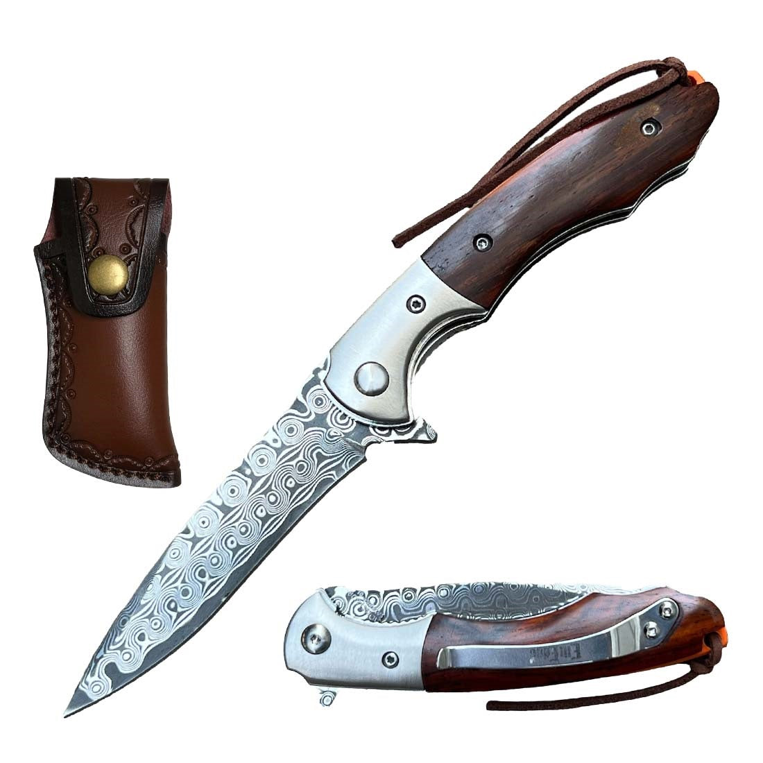 Ball Bearing Damascus Blade Pocket Knife Brown Wood Handle - TOPHATTER'S ARMORY DEALS