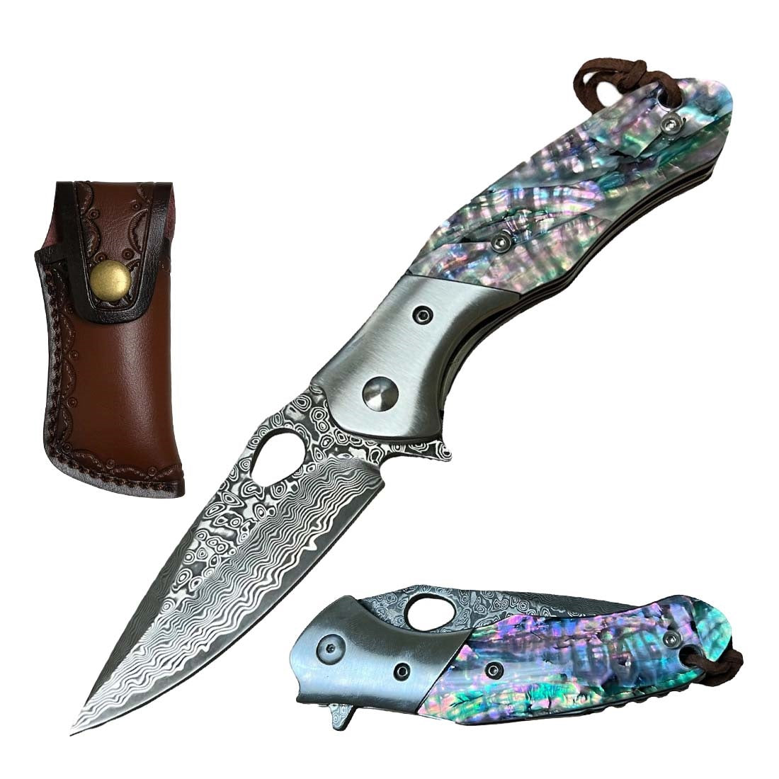 Ball Bearing Damascus Blade Pocket Knife Abalone Handle - TOPHATTER'S ARMORY DEALS