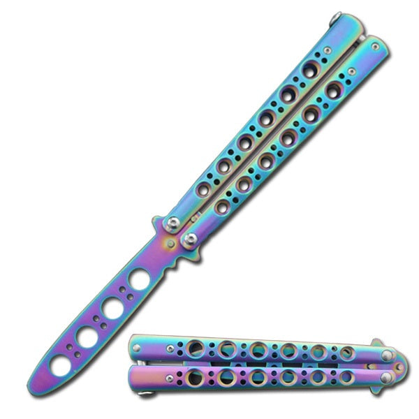 Rainbow Ti-Coated Skeleton Stainless Steel Butterfly Trainer Knife - TOPHATTER'S ARMORY DEALS