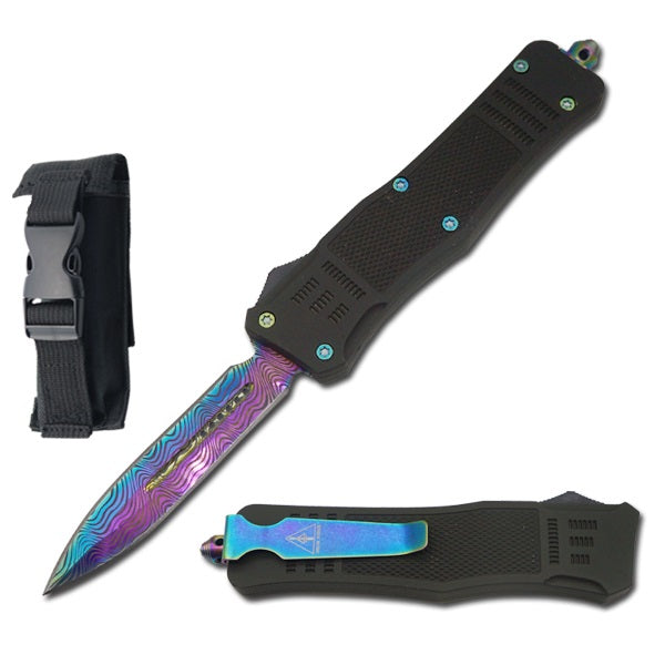 9" Etched Damascus Pattern Rainbow Dagger Blade Automatic OTF Knife - TOPHATTER'S ARMORY DEALS