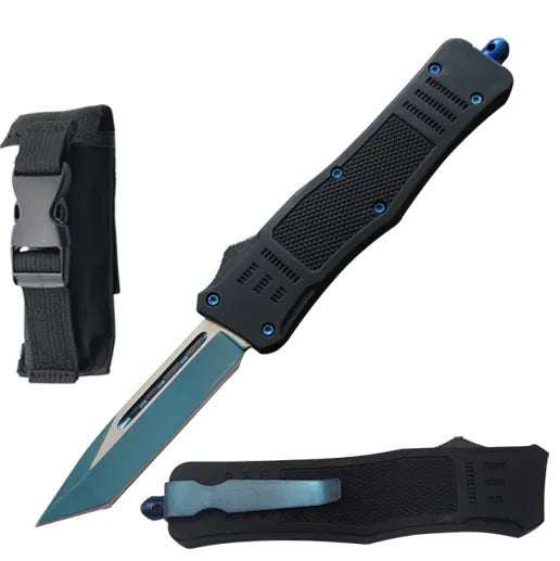 8.25" Titanium Blue Tracker Out Of The Front Tactical Automatic OTF Knife - TOPHATTER'S ARMORY DEALS