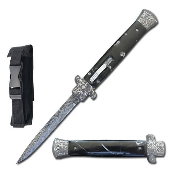 11 Inches Classic Gentleman Italian Stiletto Damascus OTF Black Pearl Handle Knife - TOPHATTER'S ARMORY DEALS