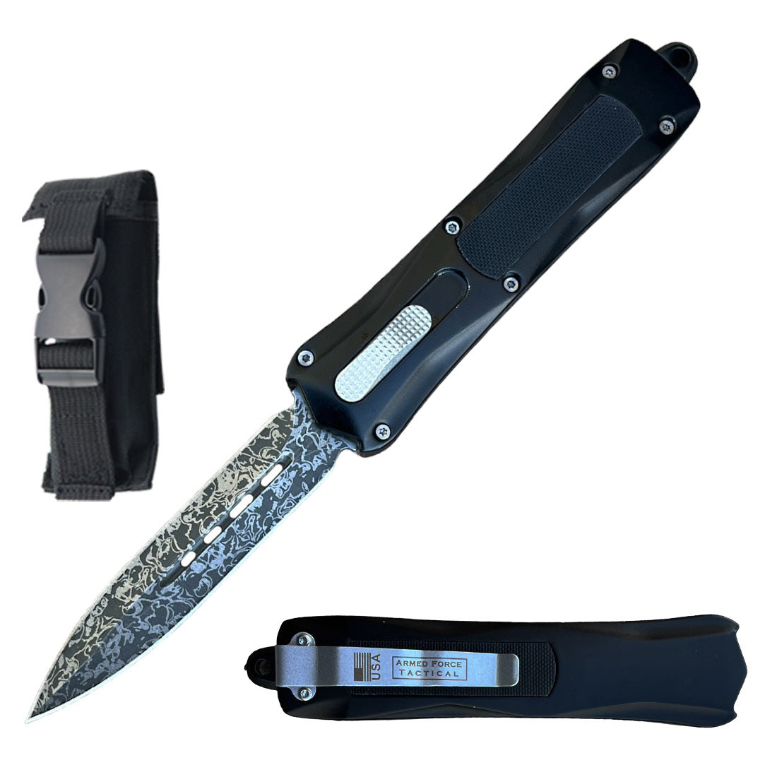 9" Torpedo G10 Handle Black Damascus Etch OTF Knife - TOPHATTER'S ARMORY DEALS