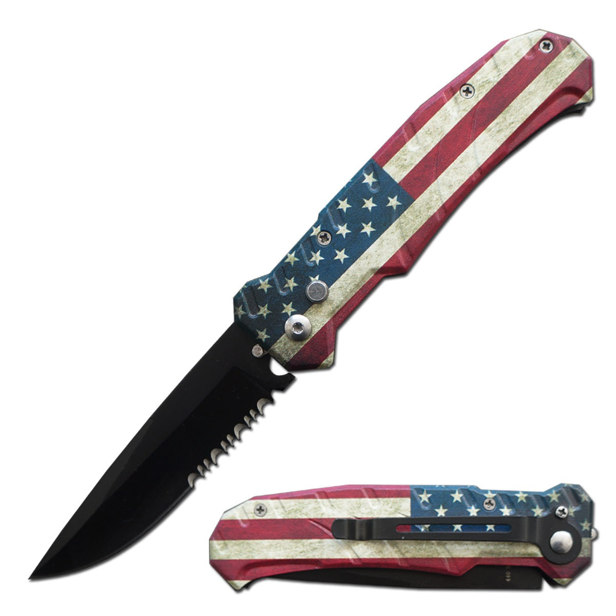 4.5" Closed Ballistic Switch Blade Automatic Knife - American Flag - TOPHATTER'S ARMORY DEALS