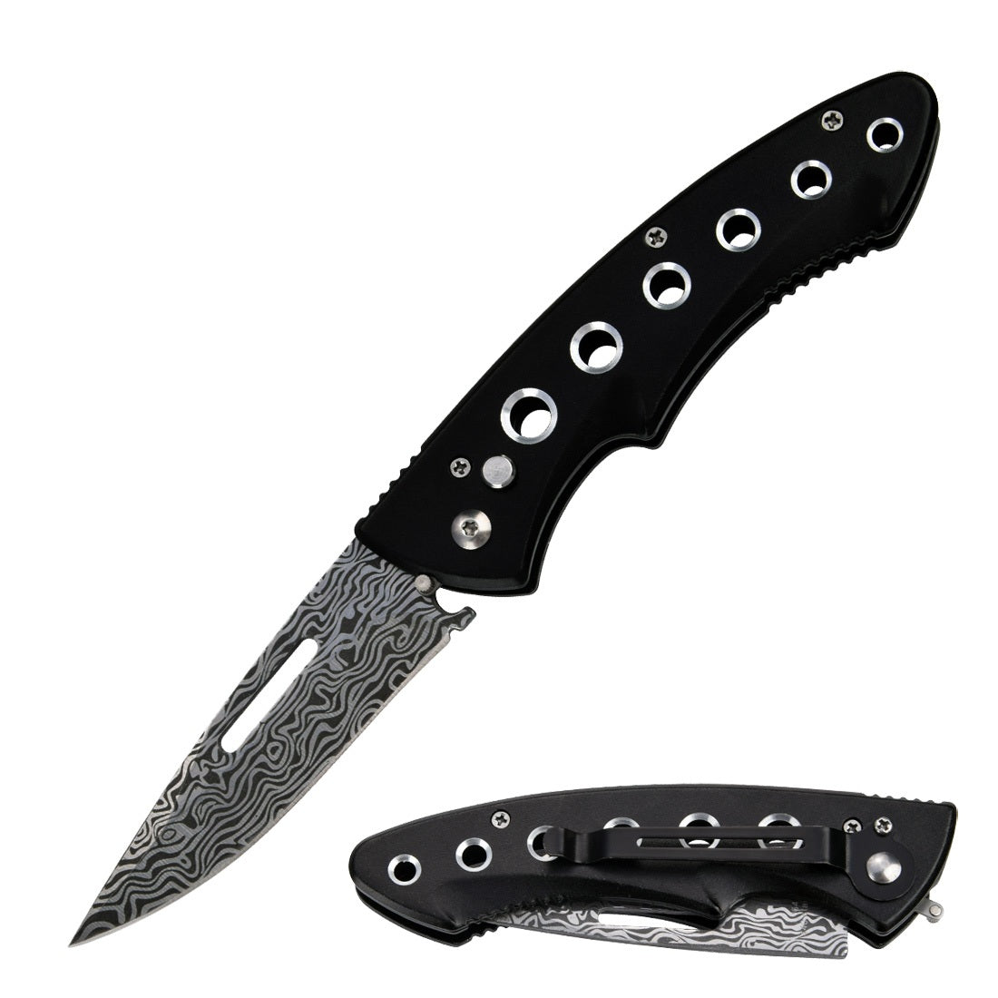 Clip Point Ballistic Auto Push Button Damascus Etched Blade SwitchBlade Pocket Knife - TOPHATTER'S ARMORY DEALS