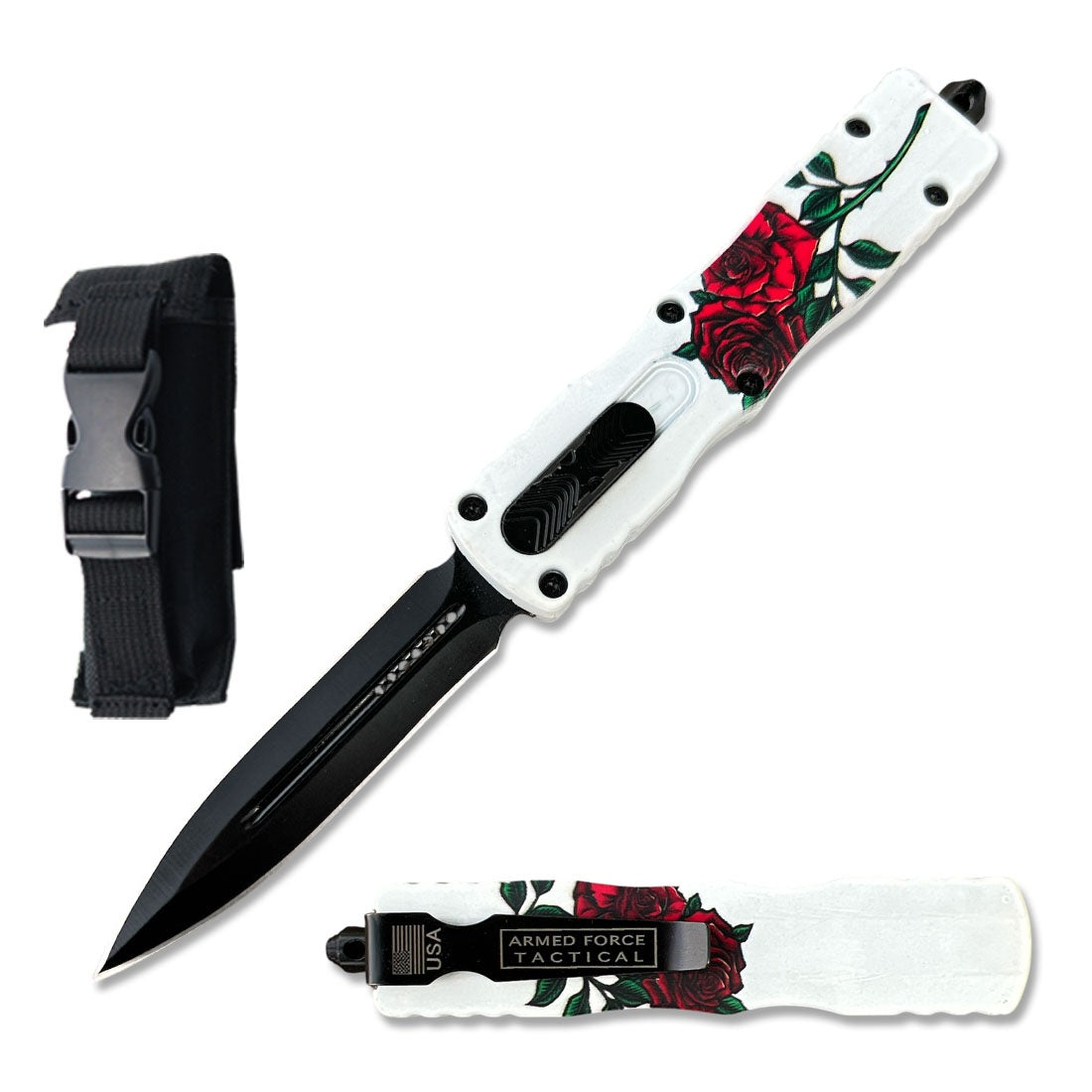 7" White Rose Death Stalker Automatic Dual Action Out The Front Knife - TOPHATTER'S ARMORY DEALS