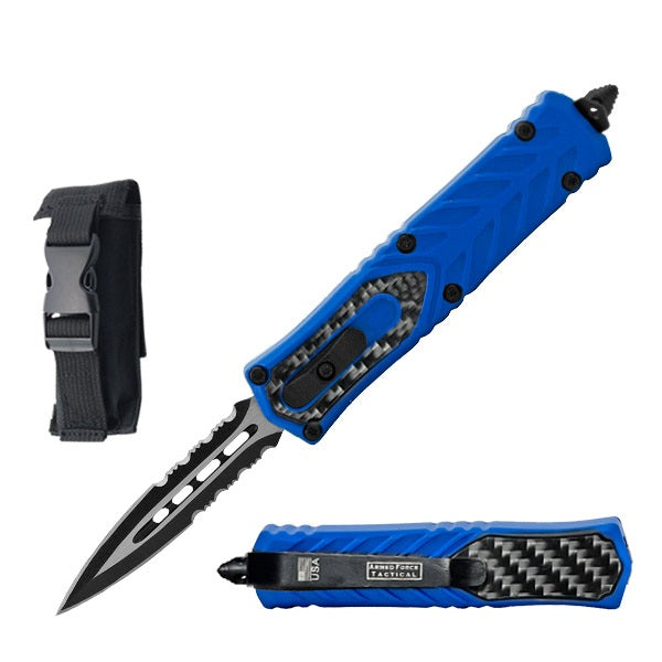 7" Dagger Point Serrated Blade Blue with Carbon Fiber Handle OTF Knife
