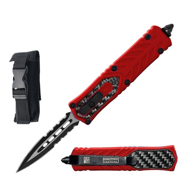 7" Dagger Point Serrated Blade Red with Carbon Fiber Handle OTF Knife - TOPHATTER'S ARMORY DEALS
