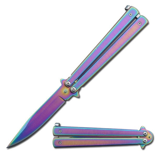 5" Closed Rainbow Stainless Steel Sandblast Butterfly Knife - TOPHATTER'S ARMORY DEALS