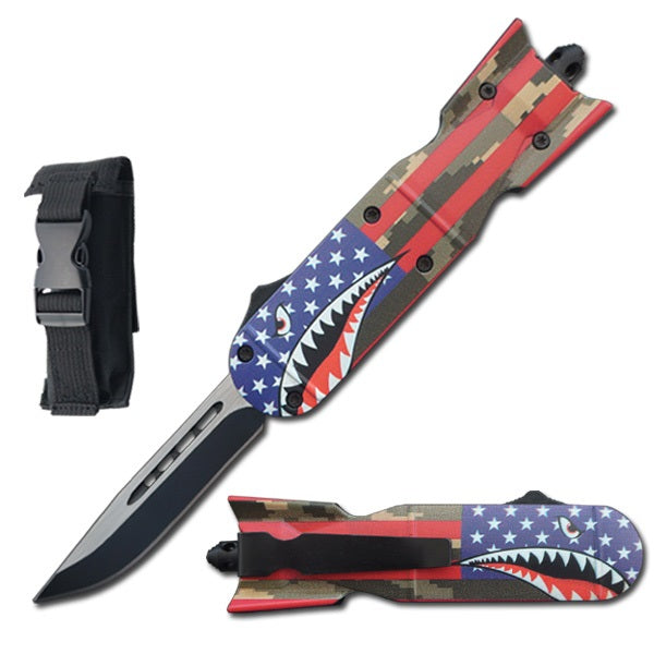 7.25" Shark Bomb Fighter OTF Automatic Knife American Flag - TOPHATTER'S ARMORY DEALS
