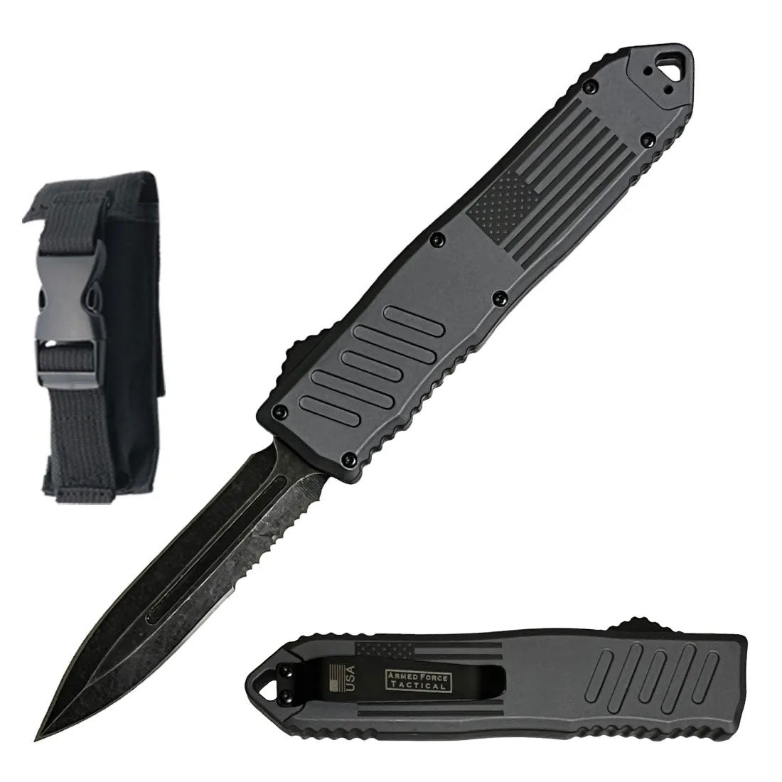 9" Havoc Military USA Flag Grey OTF Dual Action Automatic Knife - TOPHATTER'S ARMORY DEALS