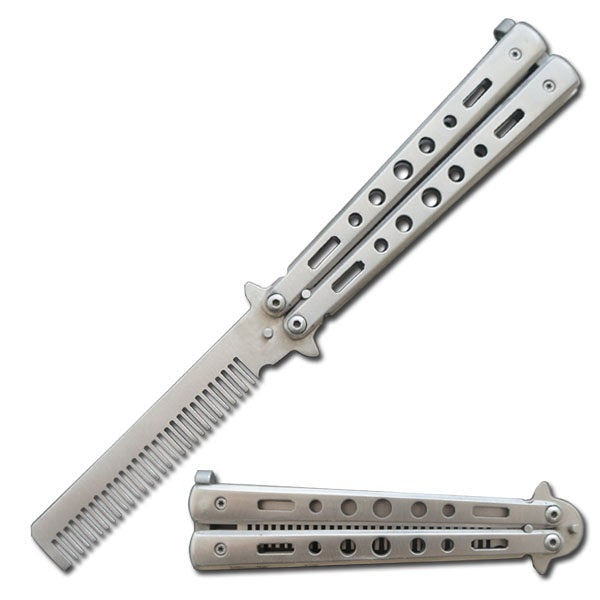 Practice Silver Metal Butterfly Trainer Knife Blade Comb Brush - TOPHATTER'S ARMORY DEALS