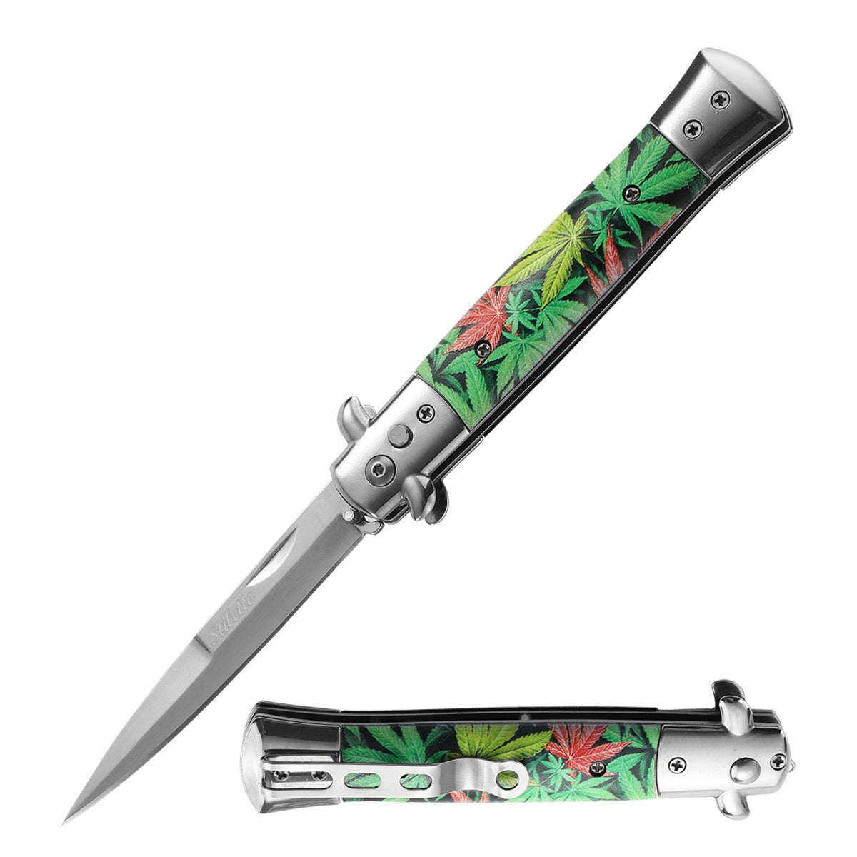 5" Closed Classic Stiletto Automatic Switch Blade Knife - Cannabis Marijuana - TOPHATTER'S ARMORY DEALS