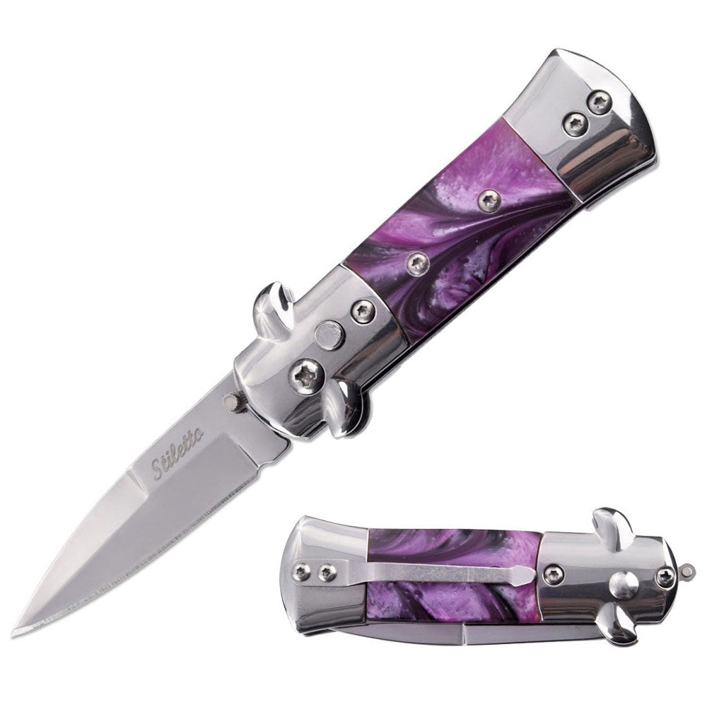 5.65" Mini Stiletto Switch Blade Automatic Knife - Purple Pearl Handle - TOPHATTER'S ARMORY DEALS