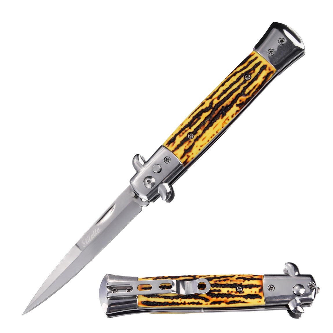 5" Closed Classic Stiletto Automatic Switch Blade Knife - Stag Handle - TOPHATTER'S ARMORY DEALS