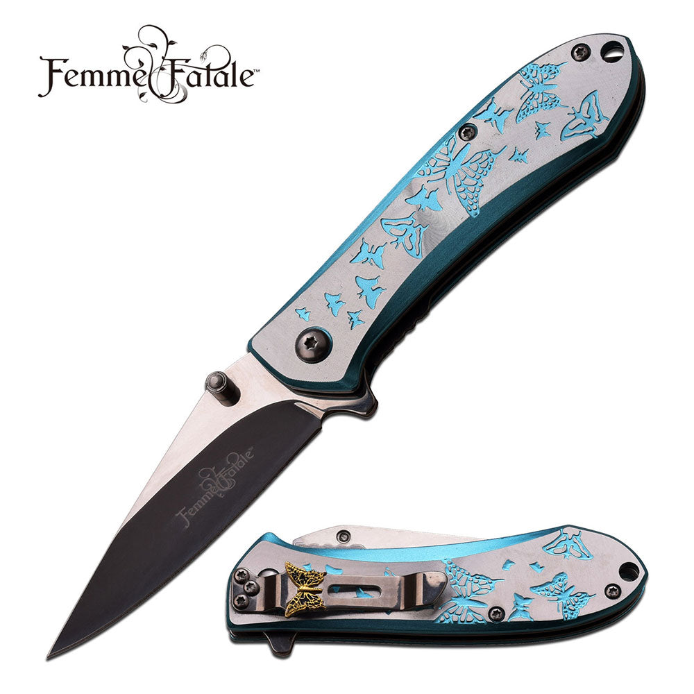 4 Inch Closed Butterfly Design Assisted Opening Knife Blue Silver Handle - TOPHATTER'S ARMORY DEALS