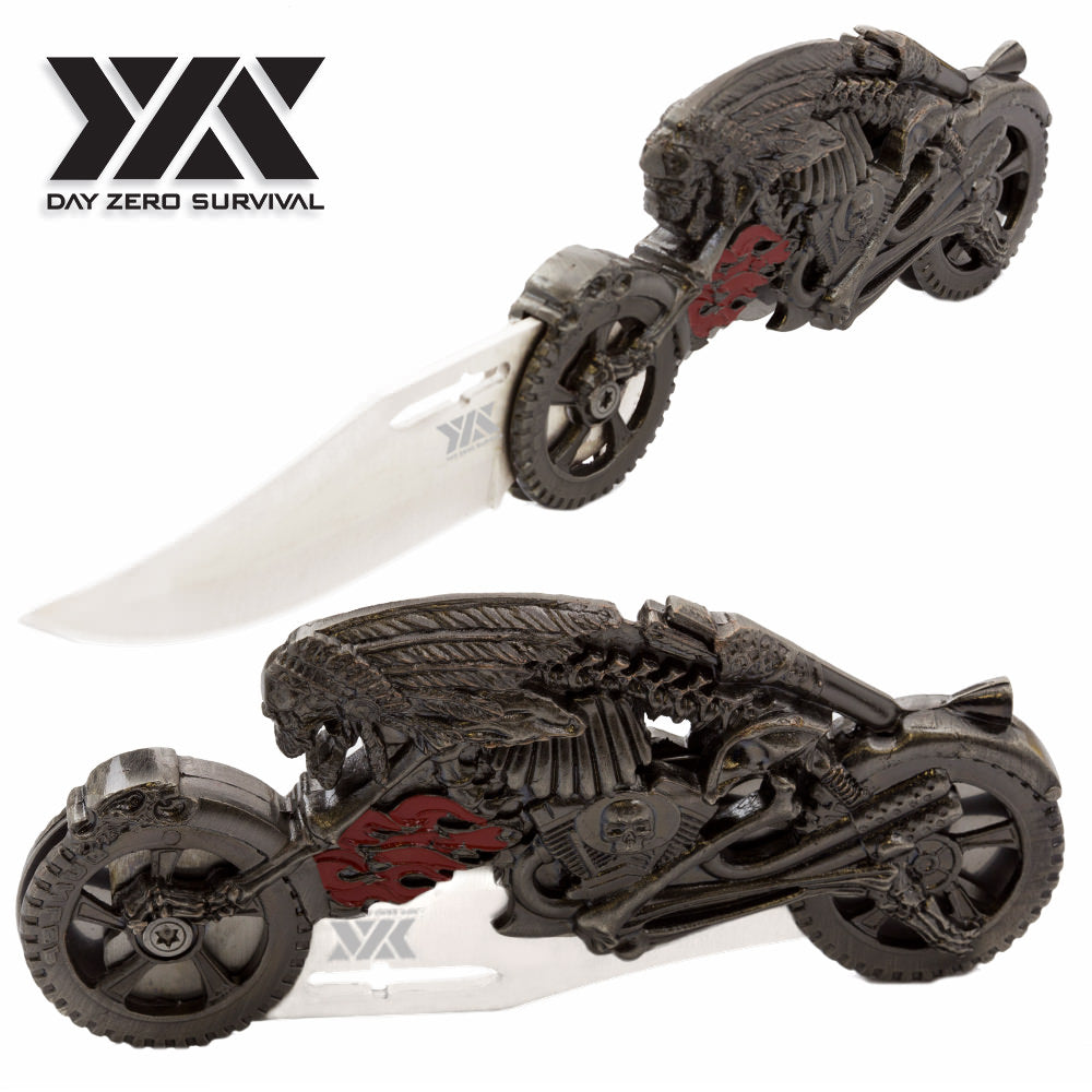 Biker Fantasy Folding Knife Flaming Skull Rider Motorcycle Collectible