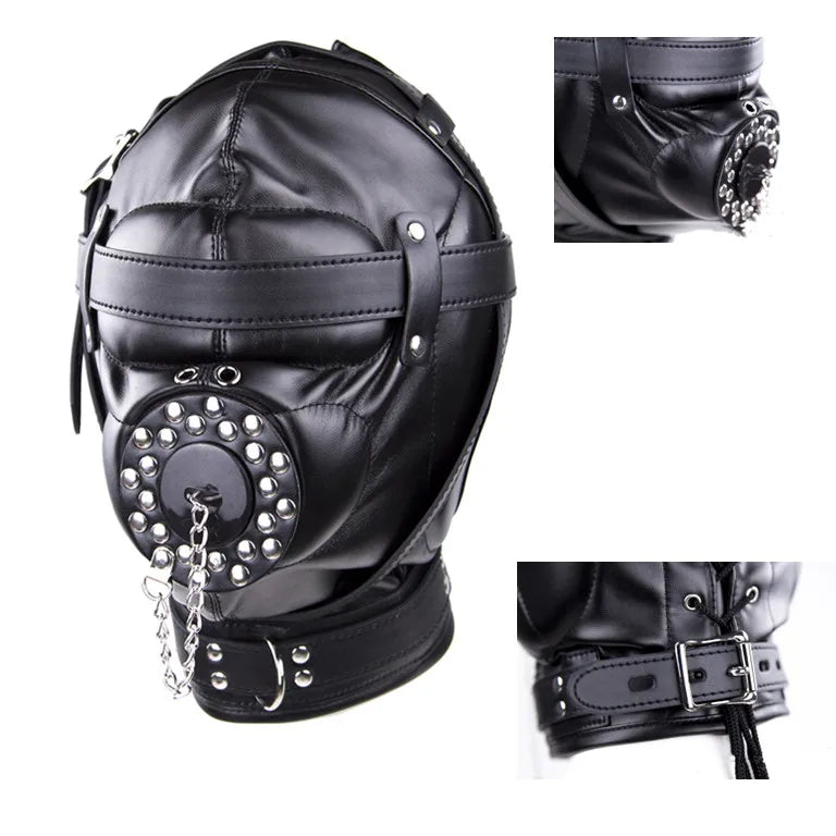 Deluxe Black Leather BDSM Hood with Gag and Chain - Adult Wellness Product product image for intimate wellness and personal c