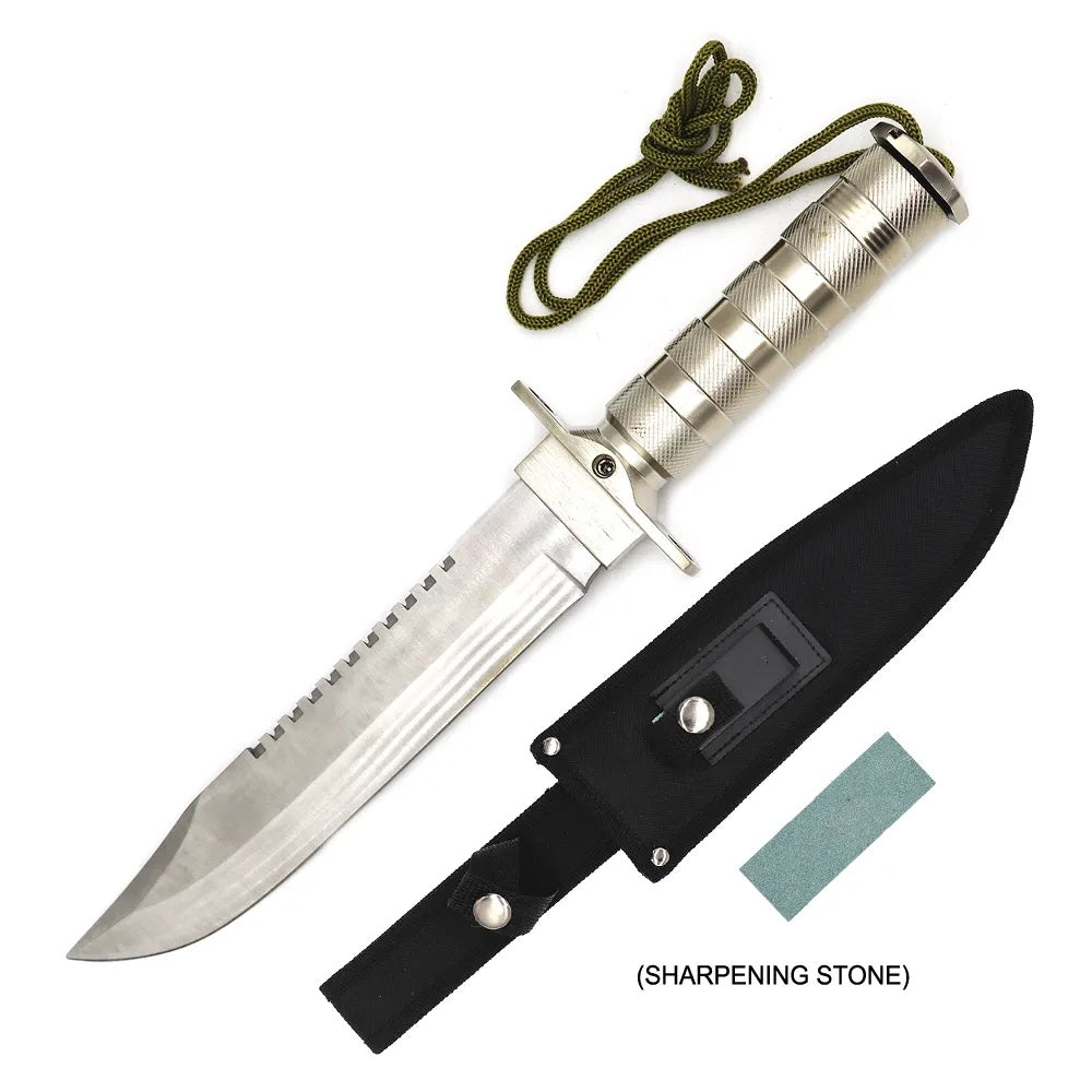 15" Silver Tactical Hunting Fixed Blade Knife with Survival Kit - TOPHATTER'S ARMORY DEALS