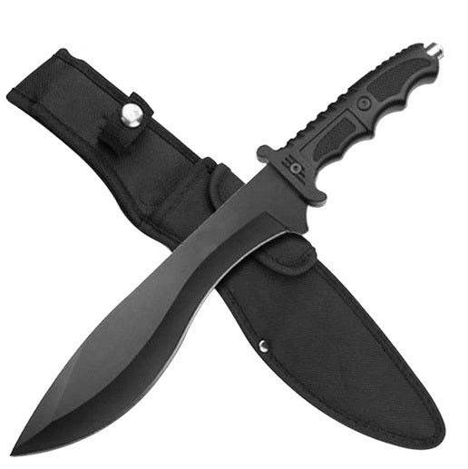 Outdoor Fixed Blade Knife, Black Kukri Blade, Black Handle, 15-Inch Overall