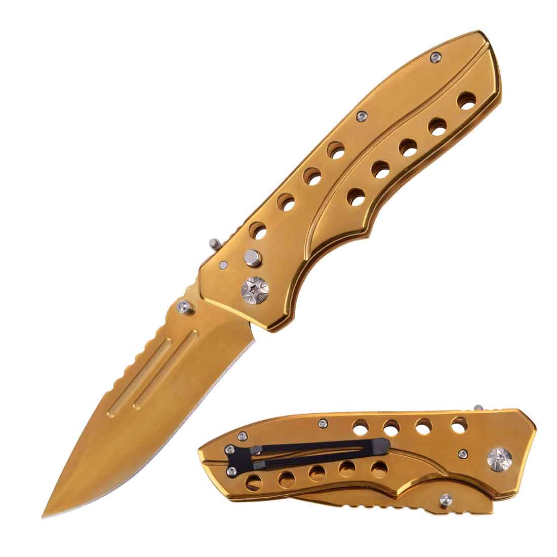 5.35" Closed Golden Switchblade Automatic Clip Point Blade Knife - TOPHATTER'S ARMORY DEALS