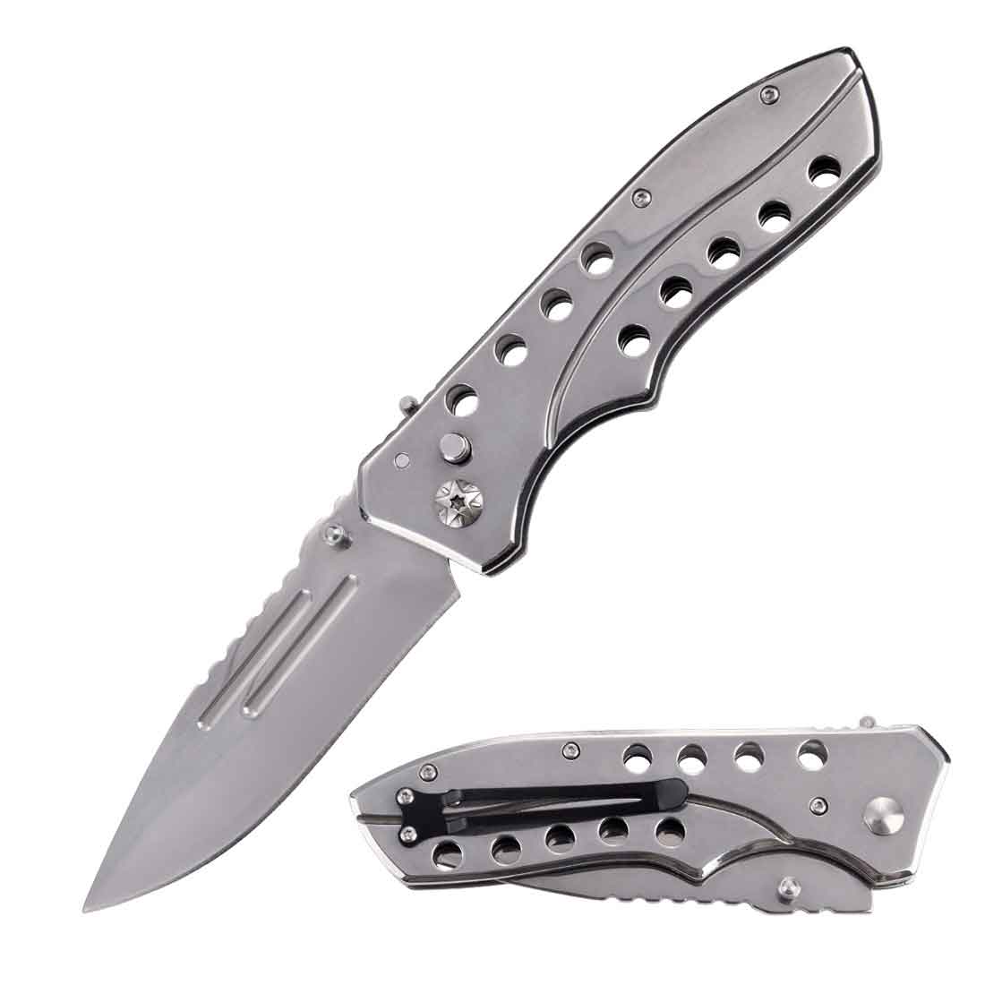 5.35" Closed Silver Switchblade Automatic Clip Point Blade Knife - TOPHATTER'S ARMORY DEALS