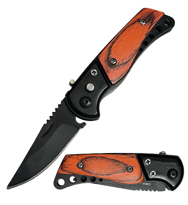 3.25" Closed Wood Handle Push Button Mini Automatic Pocket Knife - TOPHATTER'S ARMORY DEALS