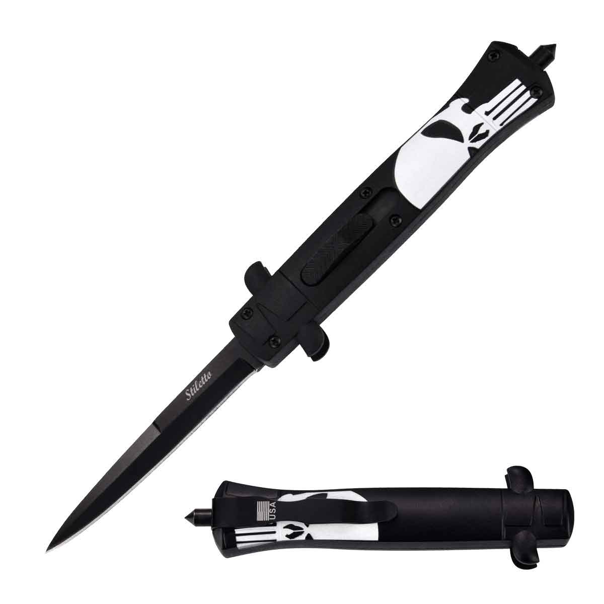 9" Skull Handle Stiletto OTF Punisher Knife