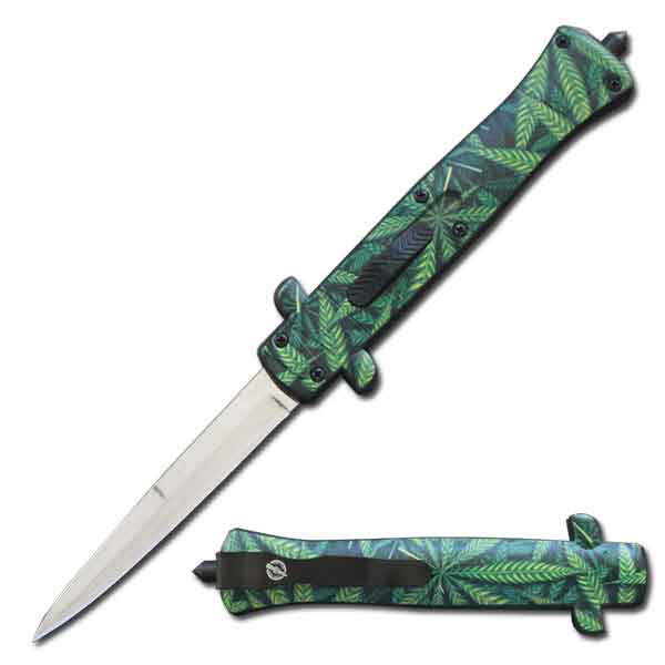 9" Cannabis Marijuana Leaf Handle Stiletto OTF Knife - TOPHATTER'S ARMORY DEALS