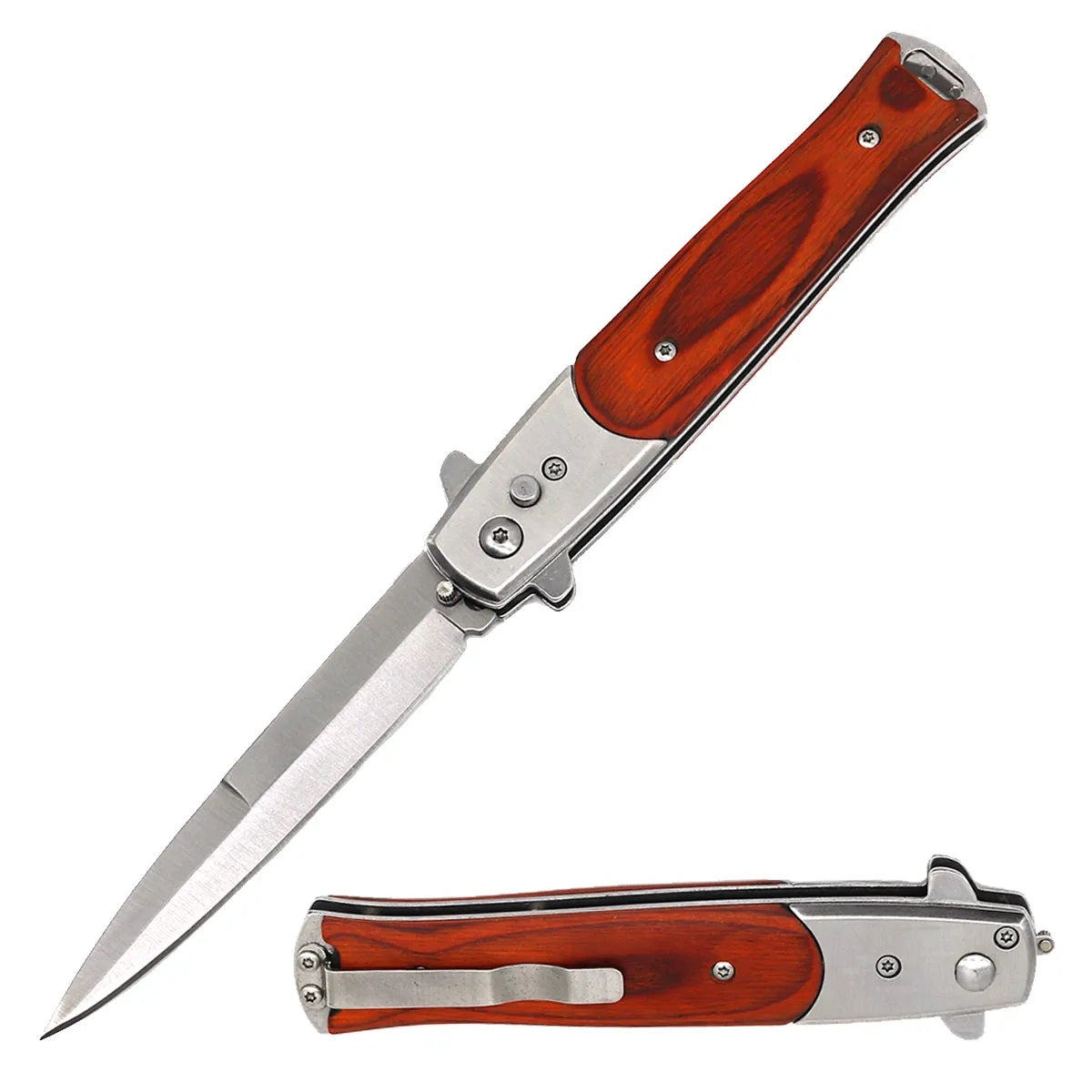 Wood Handle Cavalier Push Button Italian Style Switch Blade Knife - TOPHATTER'S ARMORY DEALS