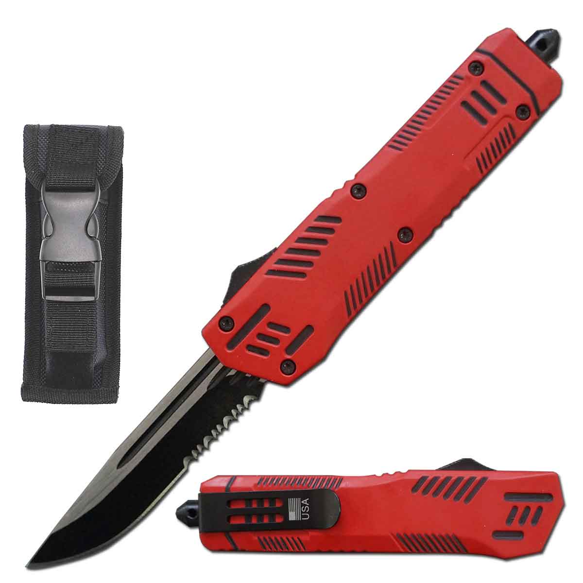 9" Automatic Dual Action Red Pitbull OTF Serrated Blade Knife - TOPHATTER'S ARMORY DEALS