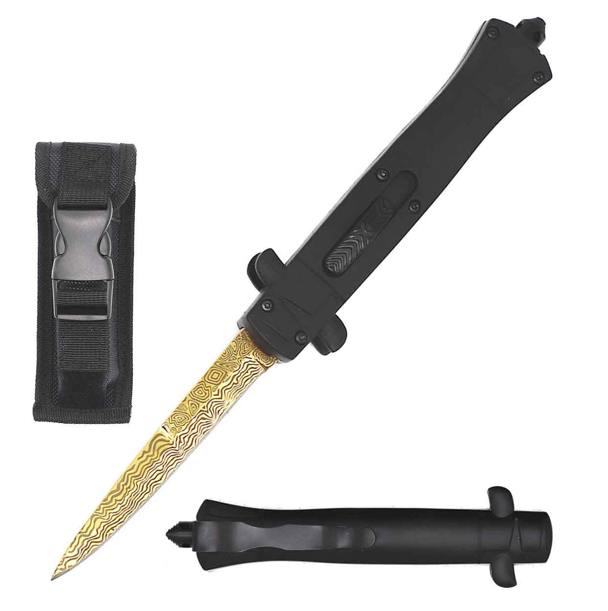 9" Italian Stiletto Style OTF Knife Gold Damascus Etched Blade - TOPHATTER'S ARMORY DEALS