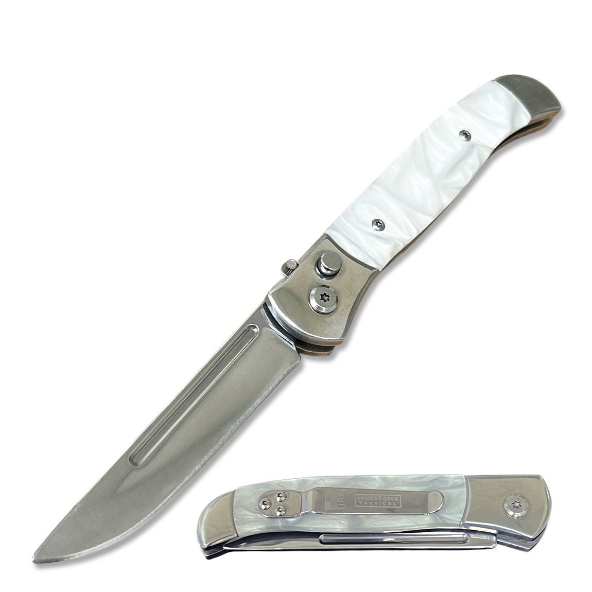4.5" Closed Everyday Carry Clip Point Auto Switchblade Knife White Pearl - TOPHATTER'S ARMORY DEALS