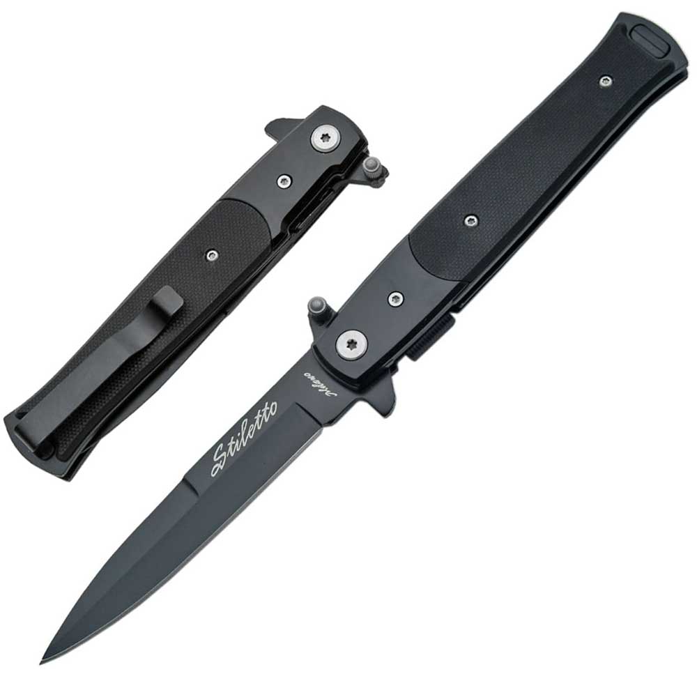 5" Closed All Black G10 Handle Stiletto Style Spring Assist knife
